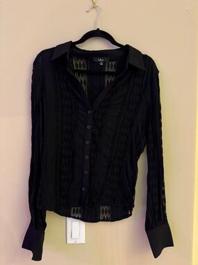 Lulu's Black Sheer Lace-Panel Button Down Shirt